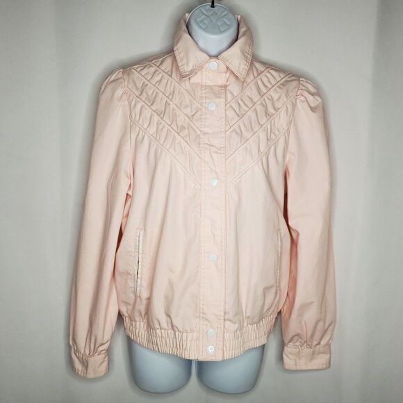 Vintage 80s Baby Pink Jacket Cotton Blend Sz S Snap Closure Gathered Shoulders - Picture 9 of 11